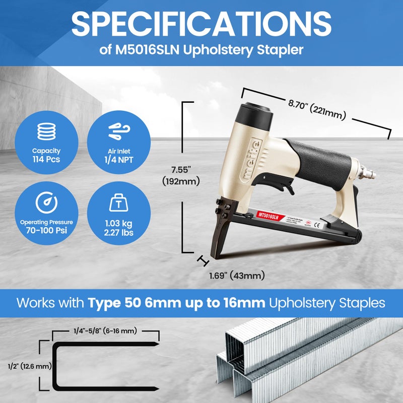meite Upholstery Staple Gun with Extended Nose &Safety Trigger for 20 Gauge 1/2-Inch Crown Staples, Heavy-Duty Pneumatic Stapler for Woodworking and Decoration DIY Projects (Model MT5016SLN) - Image 2